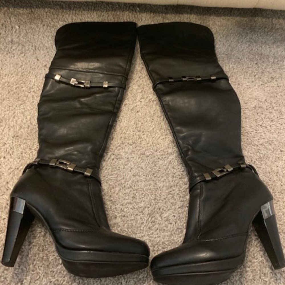 Black leather OTK boots